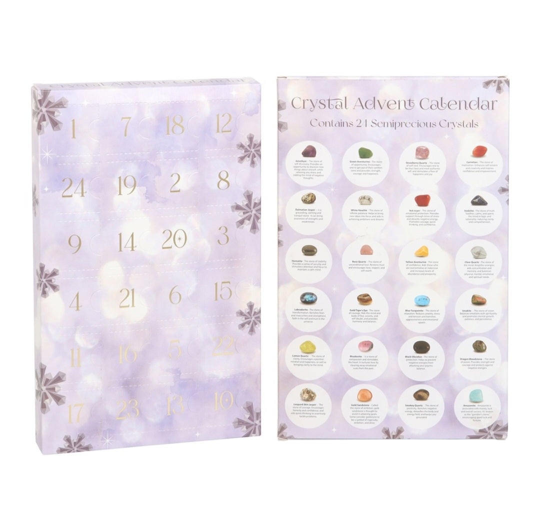Crystal advent calendar
Stones include; amethyst, green aventurine, strawberry quartz, carnelian, dalmatian jasper, white howlite, red jasper, sodalite, hematite, rose quartz, yellow aventurine, clear quartz, labradorite, gold tiger's eye, blue turquenite, unakite, lemon quartz, rhodonite, black obsidian, dragon bloodstone,
