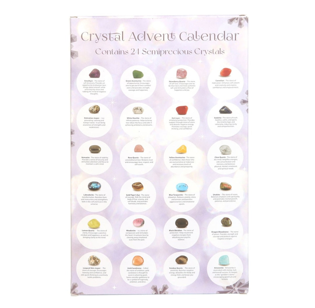 Crystal advent calendar
Stones include; amethyst, green aventurine, strawberry quartz, carnelian, dalmatian jasper, white howlite, red jasper, sodalite, hematite, rose quartz, yellow aventurine, clear quartz, labradorite, gold tiger's eye, blue turquenite, unakite, lemon quartz, rhodonite, black obsidian, dragon bloodstone,