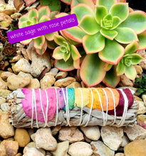 Load image into Gallery viewer, White sage smudging stick with lavender, cinnamon, rosemary, peppermint, rose petals
