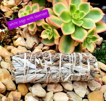 Load image into Gallery viewer, White sage smudging stick with lavender, cinnamon, rosemary, peppermint, rose petals