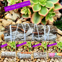 Load image into Gallery viewer, White sage smudging stick with lavender, cinnamon, rosemary, peppermint, rose petals
