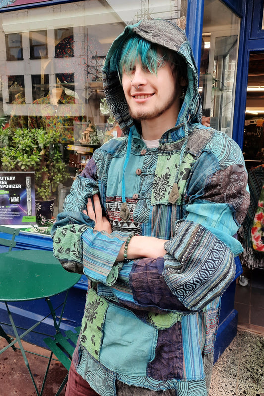 Petrol blue patchwork hoodie hoody fairtrade handmade 