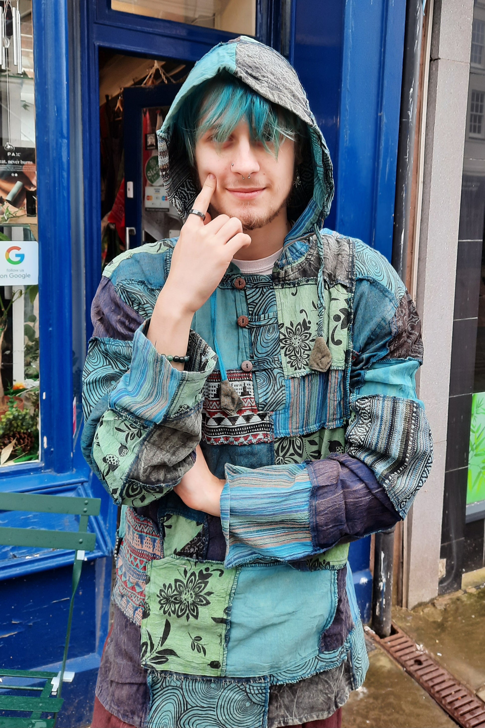 Petrol blue patchwork hoodie hoody hippy fairtrade