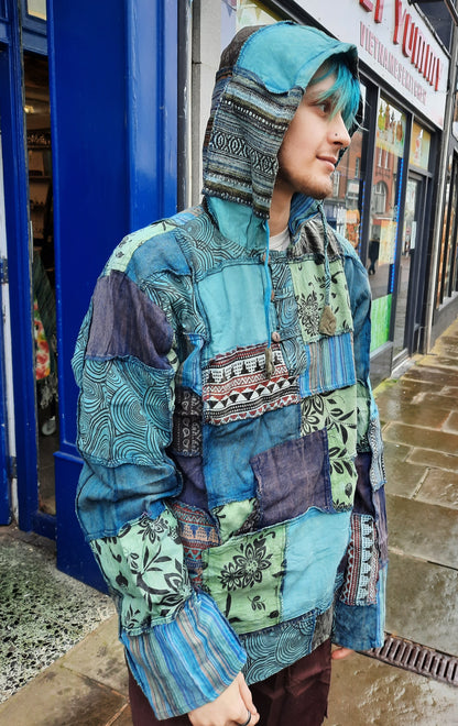 Petrol blue patchwork hoodie hoody hippy fairtrade