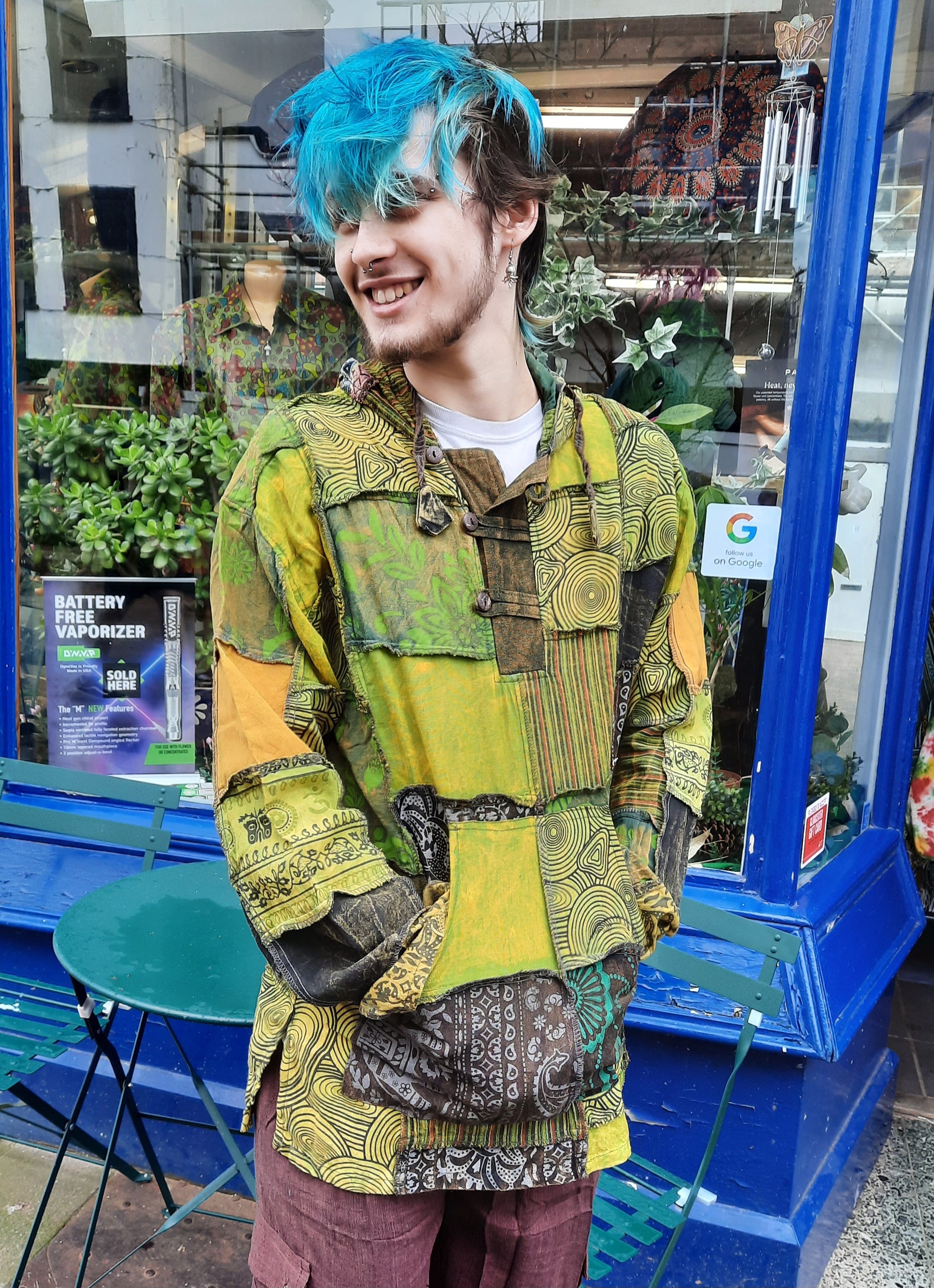 Green patchwork hoodie hoody festival wear fairtrade handmade