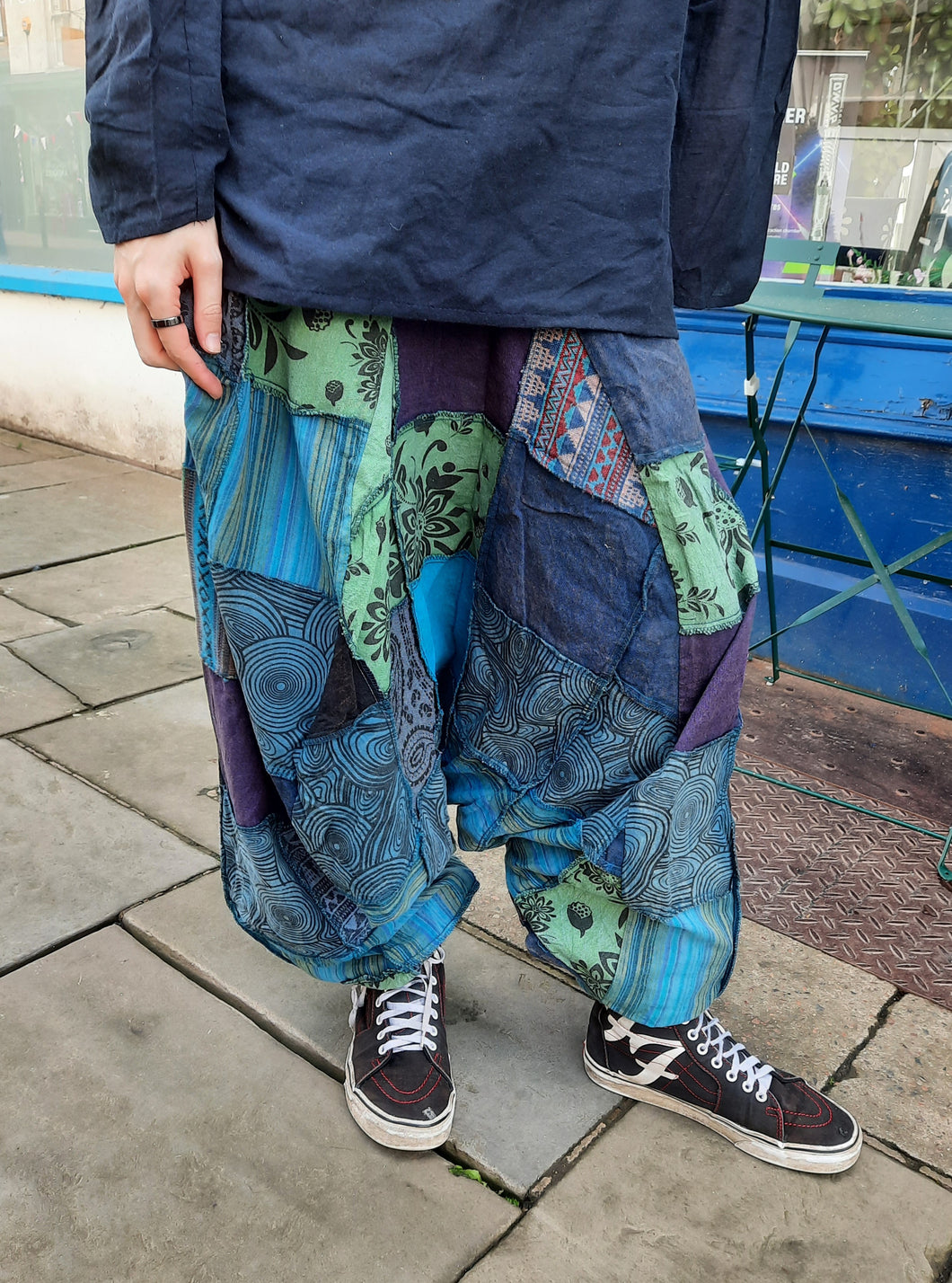 Petrol blue patchwork unisex harem trouser