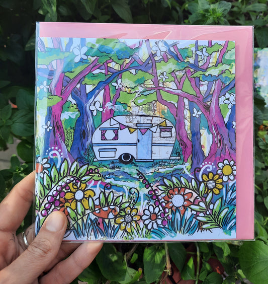 Vintage caravan camping retro forest gift greetings card kelly noble illustration