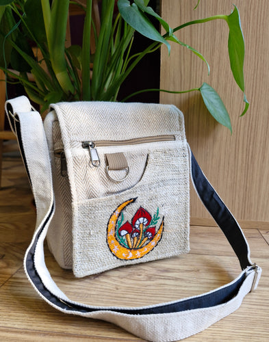 Mushroom and moon hemp passport satchel bag shoulder bag hippy natural festival fashion