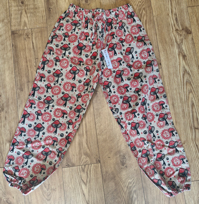 Mushroom moon print hippy trousers festival fashion 100%cotton handprints fairtrade alternative clothing