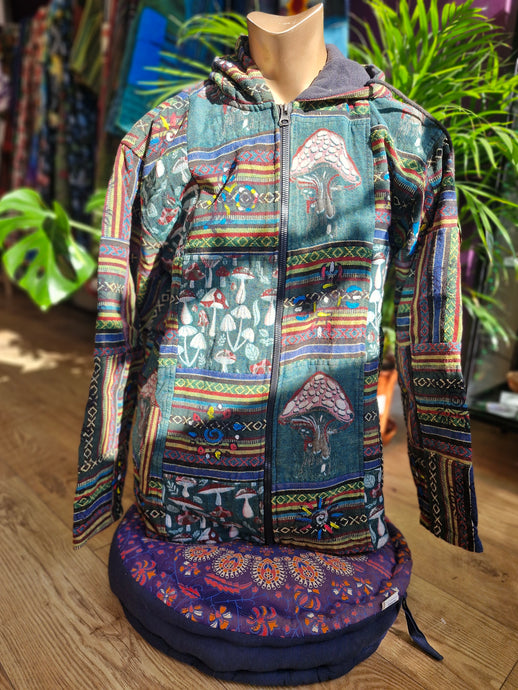 Green mushroom print patchwork jacket hoodie fleecelined hippy fashion alternative clothing festival wear made in nepal