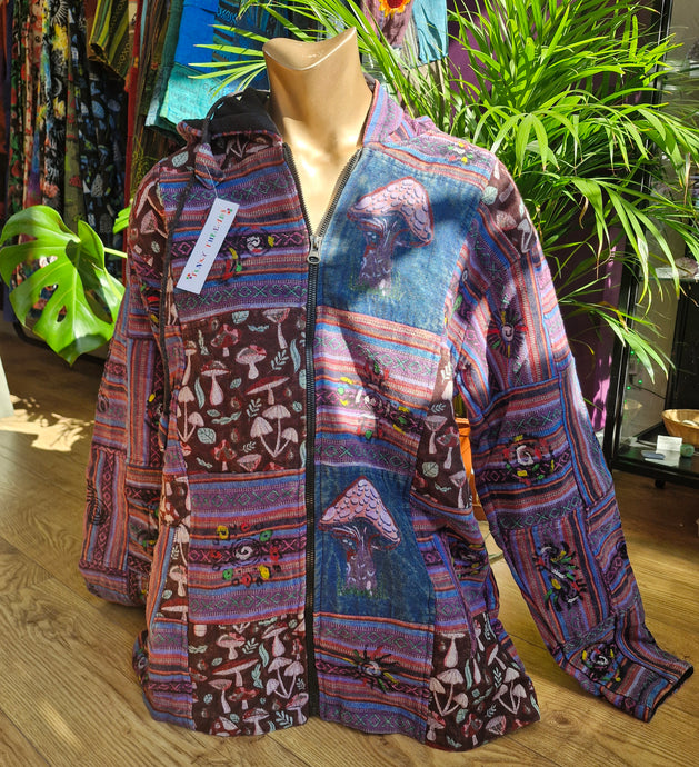 Purple mushroom print patchwork jacket hoodie fleecelined hippy festival fashion alternative clothing made in nepal