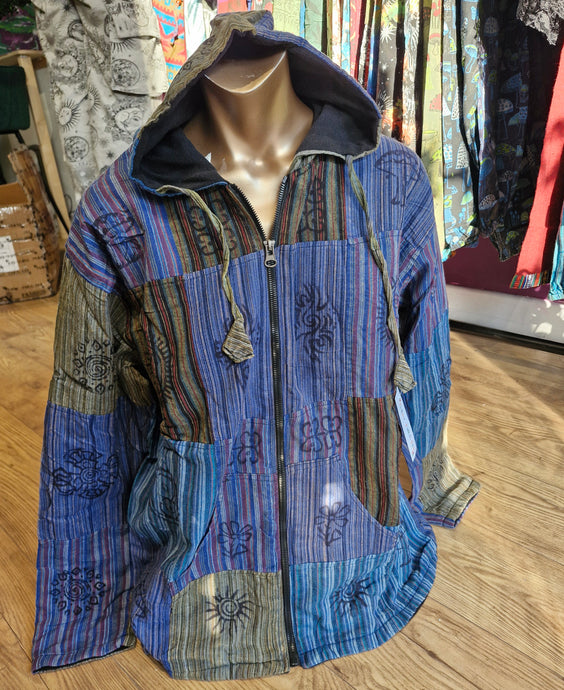 Fleece lined patch hoodie 100% cotton jacket fairtrade hippy festival fashion blue jacket
