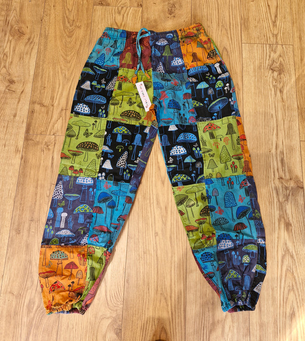 Mushroom print patchwork trousers hippy clothing festival fairtrade