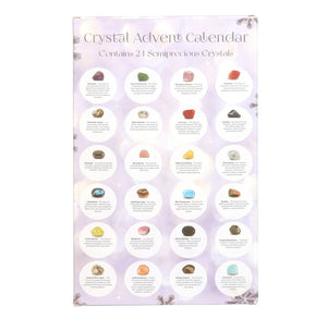 Crystal advent calendar

Stones include; amethyst, green aventurine, strawberry quartz, carnelian, dalmatian jasper, white howlite, red jasper, sodalite, hematite, rose quartz, yellow aventurine, clear quartz, labradorite, gold tiger's eye, blue turquenite, unakite, lemon quartz, rhodonite, black obsidian, dragon bloodstone, 