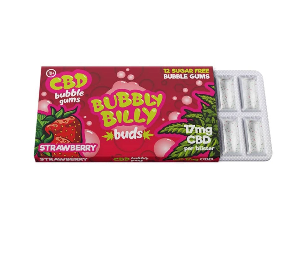 Bubbly billy buds CBD bubblegum strawberry. 12pk 17mg per gum