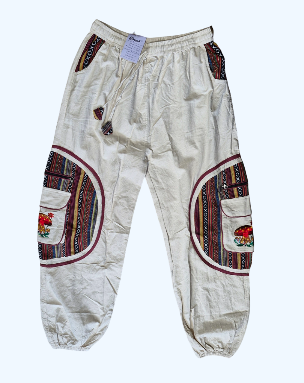Cream Aztec Pocket Loose Fit Mushroom Embroidery Parachute Cargo Bohemian cotton Trousers