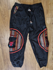 Black Aztec Pocket Loose Fit Mushroom Embroidery Parachute Cargo Bohemian cotton Trousers
