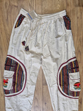 Load image into Gallery viewer, Cream Aztec Pocket Loose Fit Mushroom Embroidery Parachute Cargo Bohemian cotton Trousers
