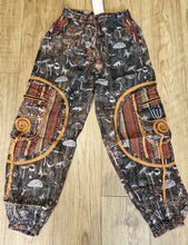 Load image into Gallery viewer, Orange Stonewashed mushroom print cotton trousers unisex hippy festival wear