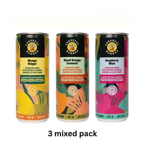3pc MIXED PACK Blood Orange & Turmeric, Raspberry and Mint and Mango and Ginger Functional Sparkling Drinks – Natural Vitamins & Lion’s Mane by Cheerful Buddha