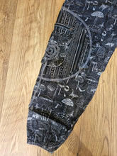 Load image into Gallery viewer, Black Stonewashed mushroom print cotton trousers unisex hippy festival wear