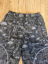 Load image into Gallery viewer, Black Stonewashed mushroom print cotton trousers unisex hippy festival wear