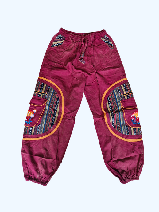 Red Aztec Pocket Loose Fit Mushroom Embroidery Parachute Cargo Bohemian cotton Trousers
