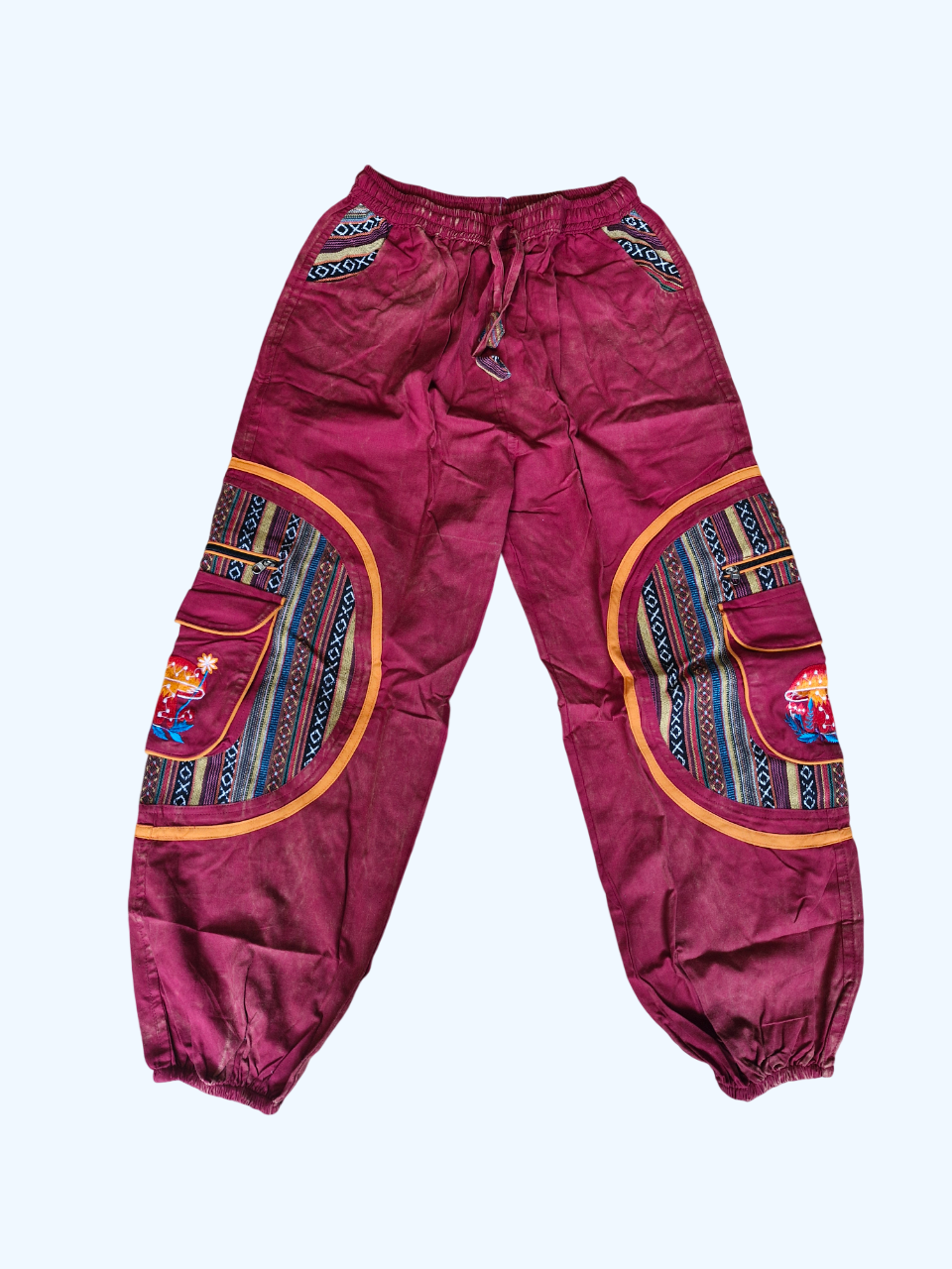 Red Aztec Pocket Loose Fit Mushroom Embroidery Parachute Cargo Bohemian cotton Trousers
