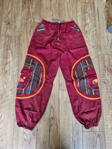 Red Aztec Pocket Loose Fit Mushroom Embroidery Parachute Cargo Bohemian cotton Trousers
