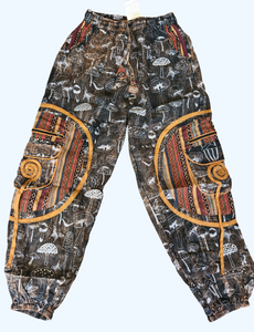 Orange Stonewashed mushroom print cotton trousers unisex hippy festival wear
