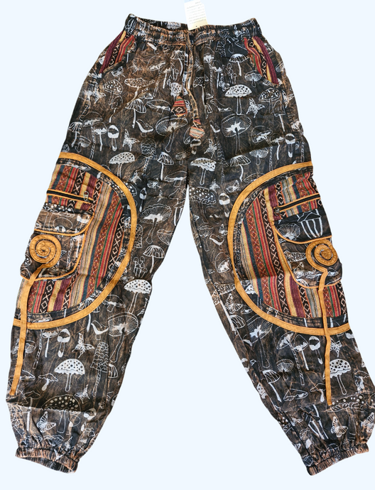 Orange Stonewashed mushroom print cotton trousers unisex hippy festival wear