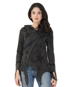 Black pixie hood Acid wash long sleeve top gothic hippie festival wear alternative fashion