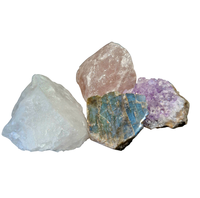 Raw crystal value pack.         Rose quartz, Amethyst, Clear quartz , Labradorite.