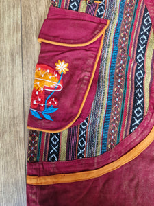 Red Aztec Pocket Loose Fit Mushroom Embroidery Parachute Cargo Bohemian cotton Trousers
