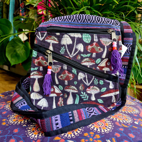 Purple mushroom print cotton zipped shoulder bag hippy festival alternative