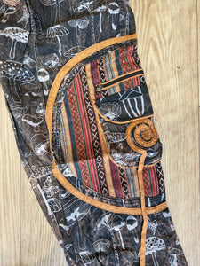 Orange Stonewashed mushroom print cotton trousers unisex hippy festival wear