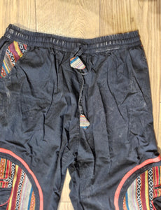 Black Aztec Pocket Loose Fit Mushroom Embroidery Parachute Cargo Bohemian cotton Trousers