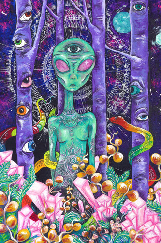 Aliens on crystal shroom art poster print psychedelic art trippy art kellynobleart kelly noble illustration mushroom art crystals mandala boho decor