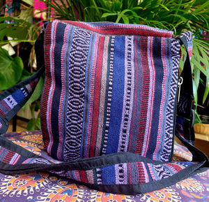 Purple mushroom print cotton zipped shoulder bag hippy festival alternative