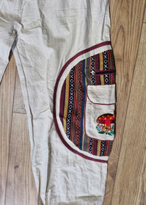 Cream Aztec Pocket Loose Fit Mushroom Embroidery Parachute Cargo Bohemian cotton Trousers