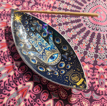 Load image into Gallery viewer, Blue hamsa enamel incense holder boho hippy fairtrade