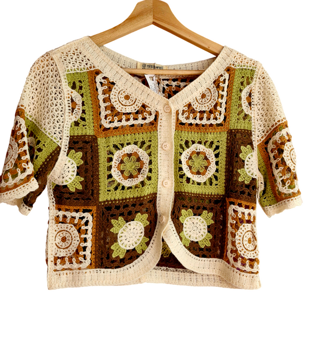 Cropped crochet shortsleeve cardigan fairtrade festival wear alternative