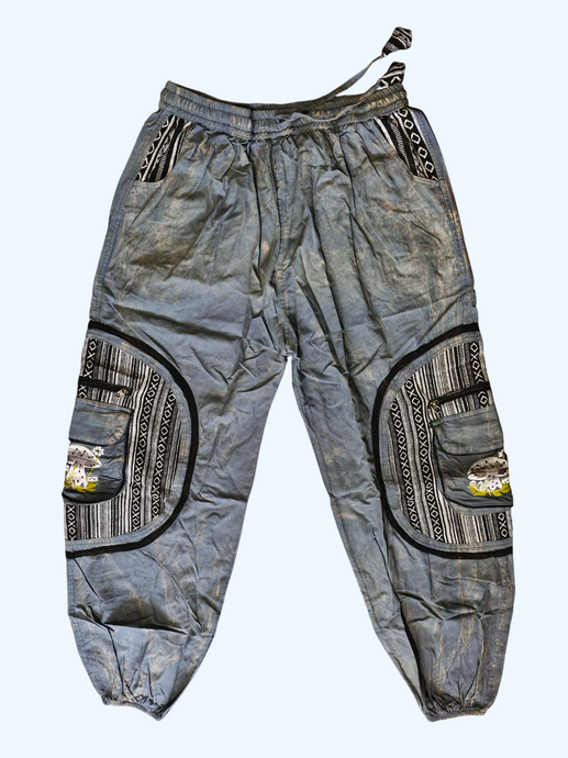 Grey blue Aztec Pocket Loose Fit Mushroom Embroidery Parachute Cargo Bohemian cotton Trousers
