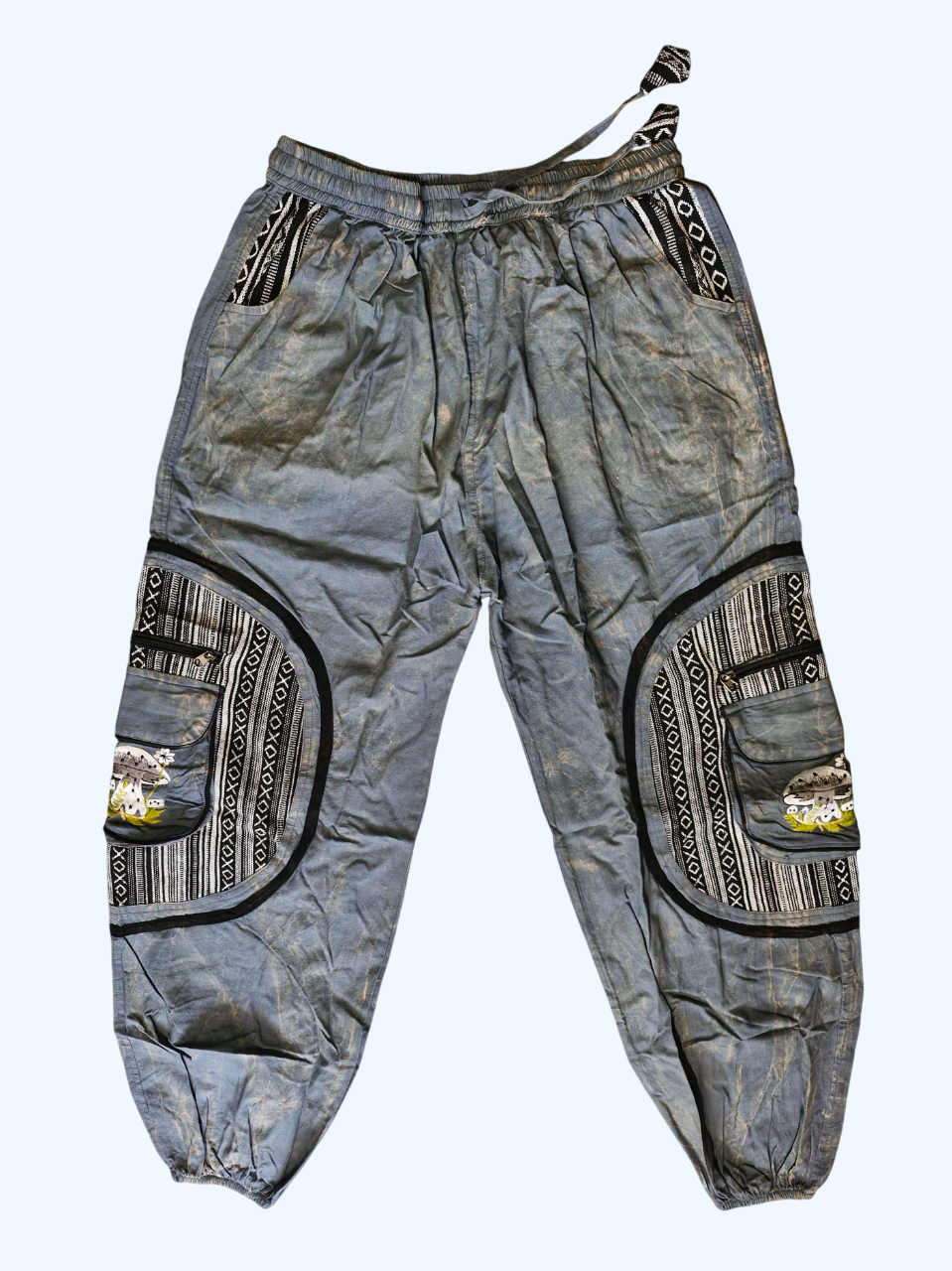 Grey blue Aztec Pocket Loose Fit Mushroom Embroidery Parachute Cargo Bohemian cotton Trousers