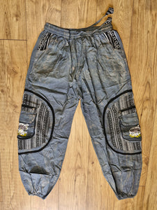 Grey blue Aztec Pocket Loose Fit Mushroom Embroidery Parachute Cargo Bohemian cotton Trousers