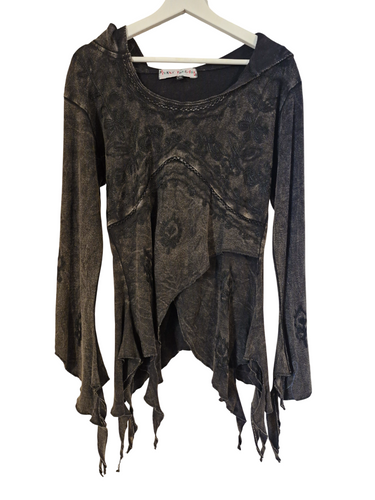 Black pixie hood Acid wash long sleeve top gothic hippie festival wear alternative fashion