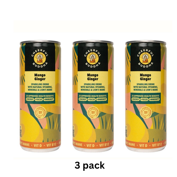 3 PACK Mango & Ginger Functional Sparkling Drink – Natural Vitamins & Lion’s Mane by Cheerful Buddha