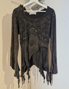 Black pixie hood Acid wash long sleeve top gothic hippie festival wear alternative fashion