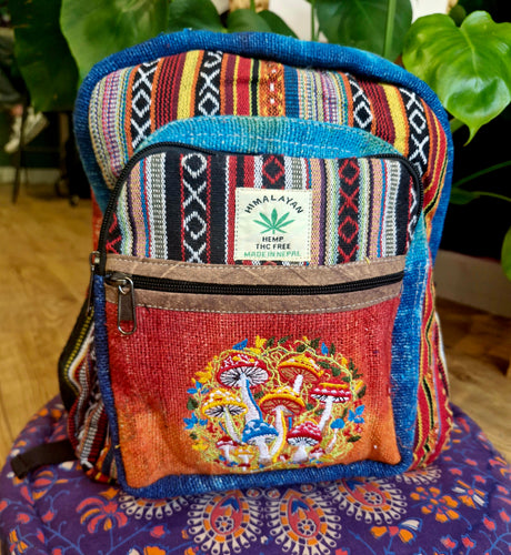 Mushroom tiedye hemp multicoloured hippy backpack rucksack festival fashion alternative fairtrade gift