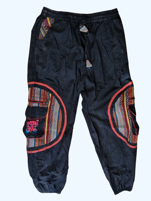 Black Aztec Pocket Loose Fit Mushroom Embroidery Parachute Cargo Bohemian cotton Trousers